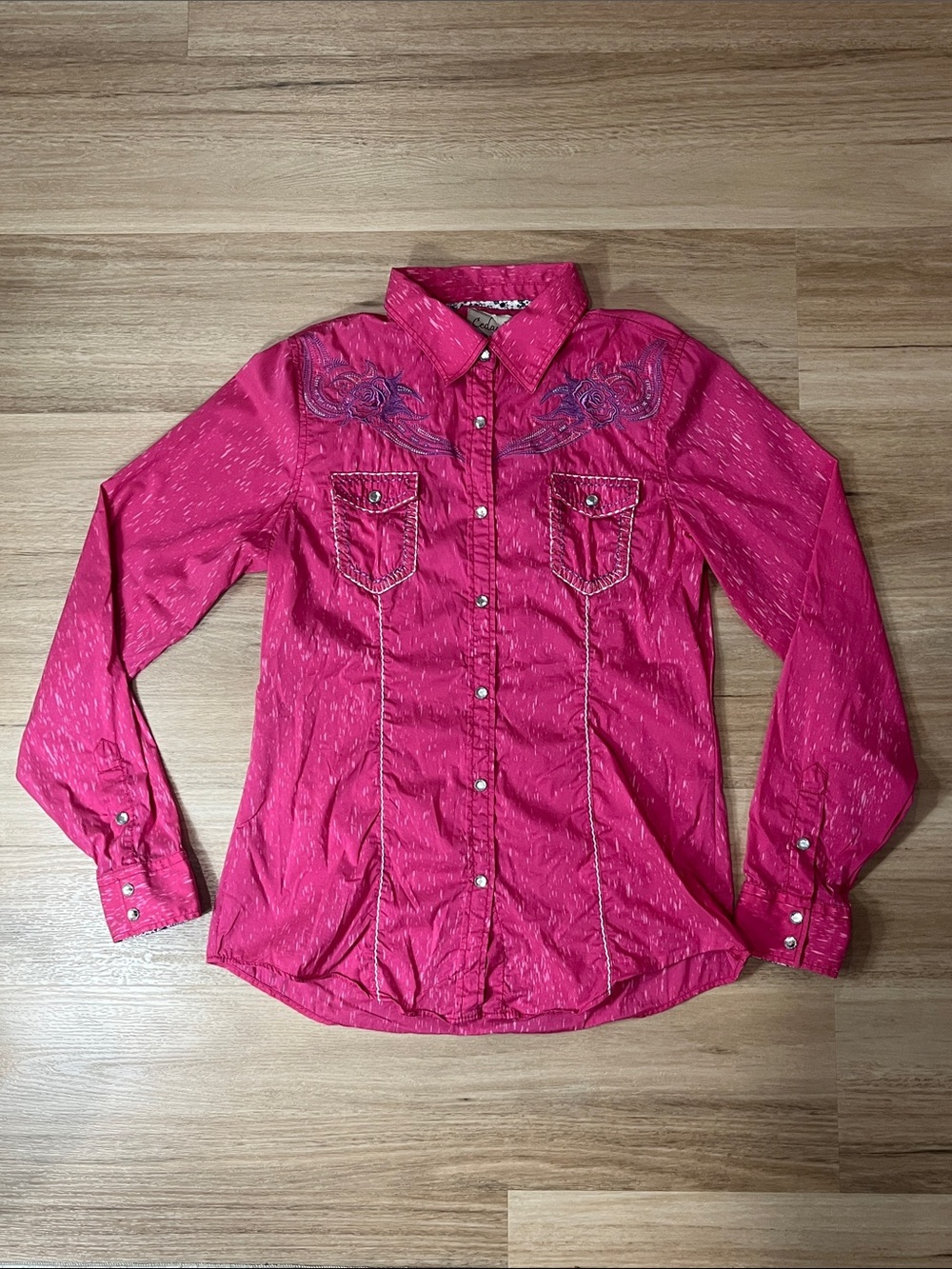 Cedar Rose Pink Western Rodeo Snap Button Embroidered Blouse / Shirt, size